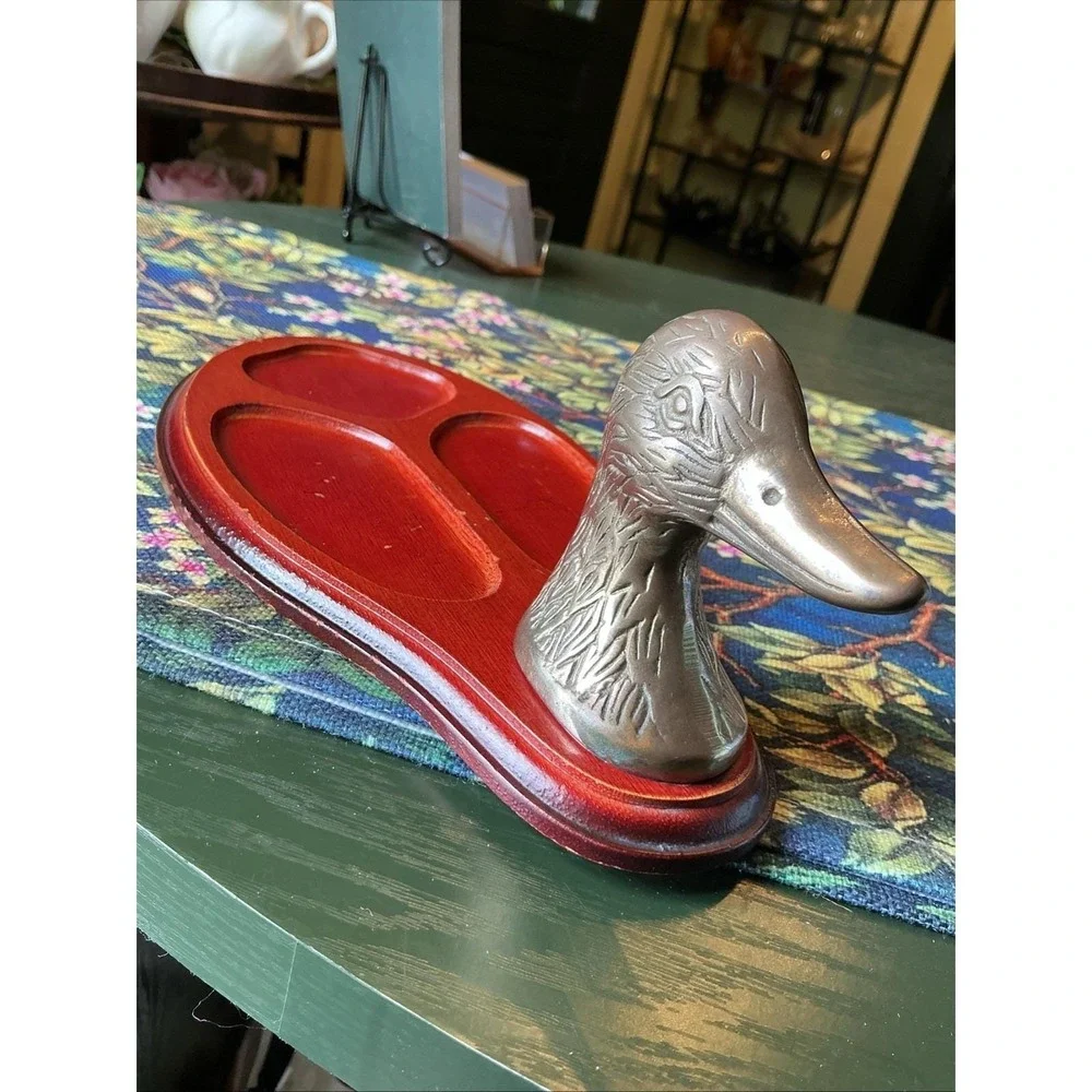 Vintage Brass Duck Head Wooden Dresser Valet Tray Desk Organizer